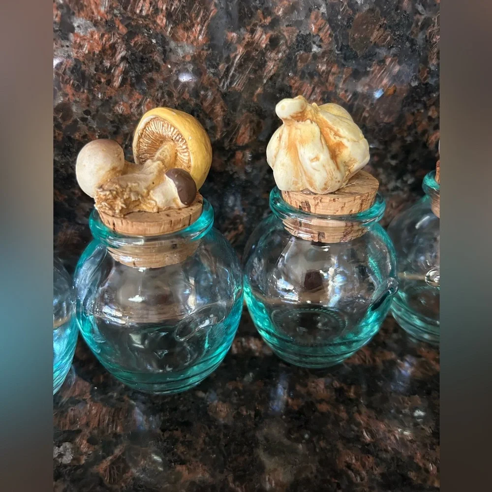 Lot of 5 Vintage Italian Teal Aqua Glass Spice Bottles Cork Stoppers